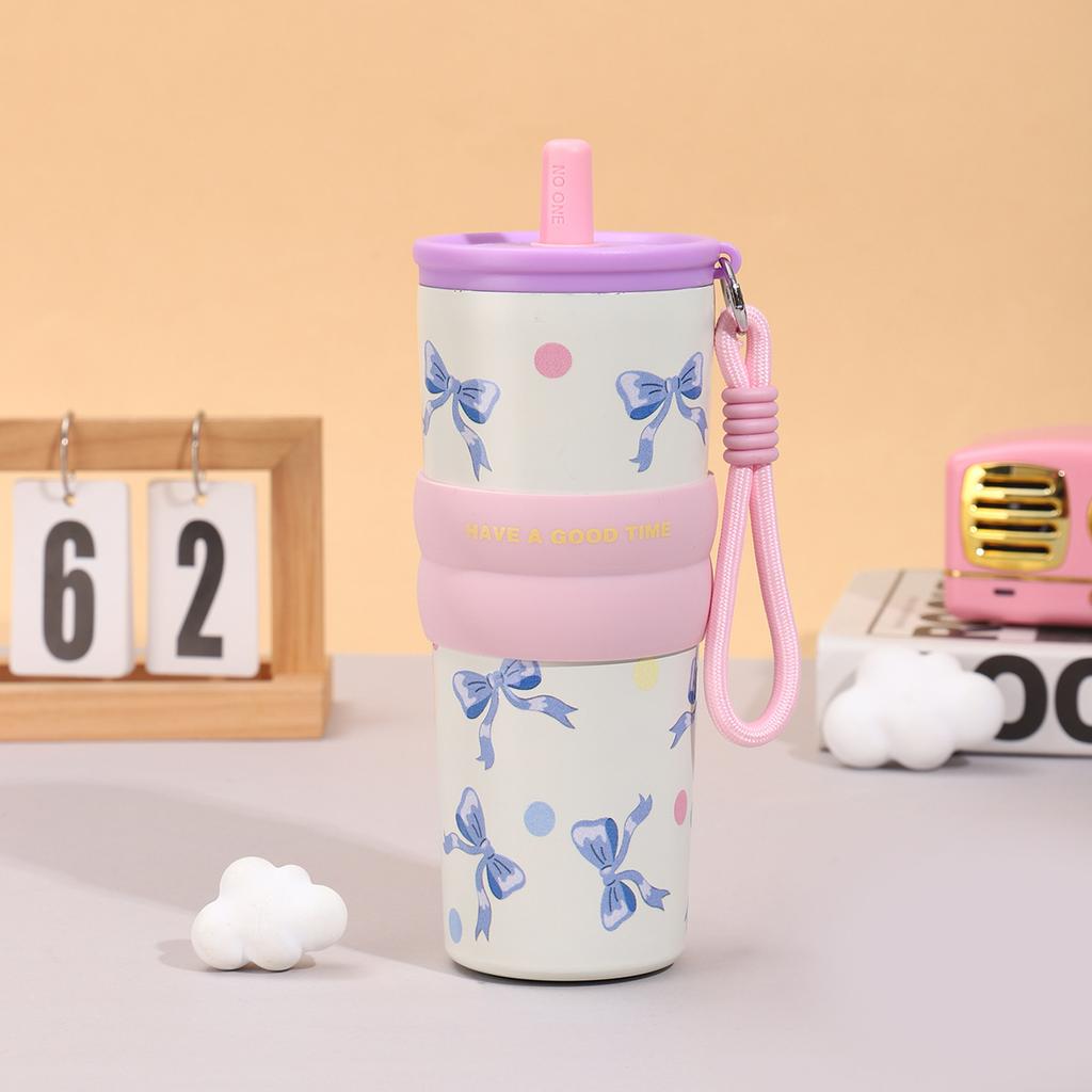 Stainless steel coffee thermos cup cartoon cute portable rope straw cup car cup