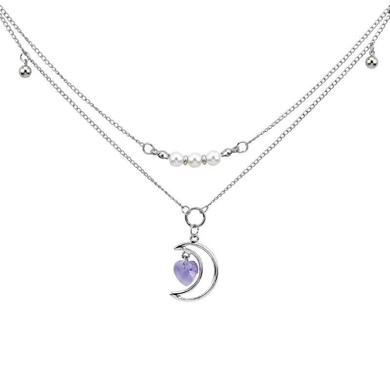 New Japanese and Korean style small fresh crescent moon purple love necklace female ins double stacked pearl accessories female