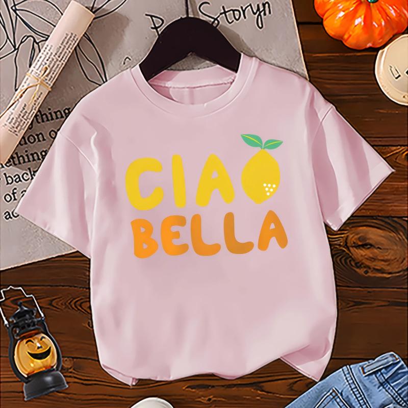 

Cia Bella Lemon Fruit Pattern Print, Girls Summer Casual Crew Neck Outdoor Stretchy Short Sleeve T-Shirt Top, Children s Clothing 150cm рожевий