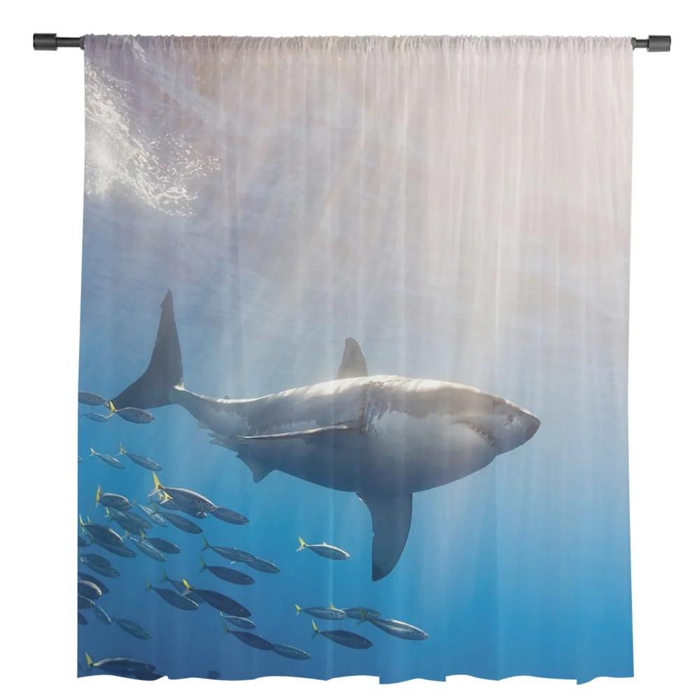 Sea Shark Tulle Curtains for Living Room Printed Sheer Voile Curtain for Bedroom Window Screening Drapes Blinds Home Decor