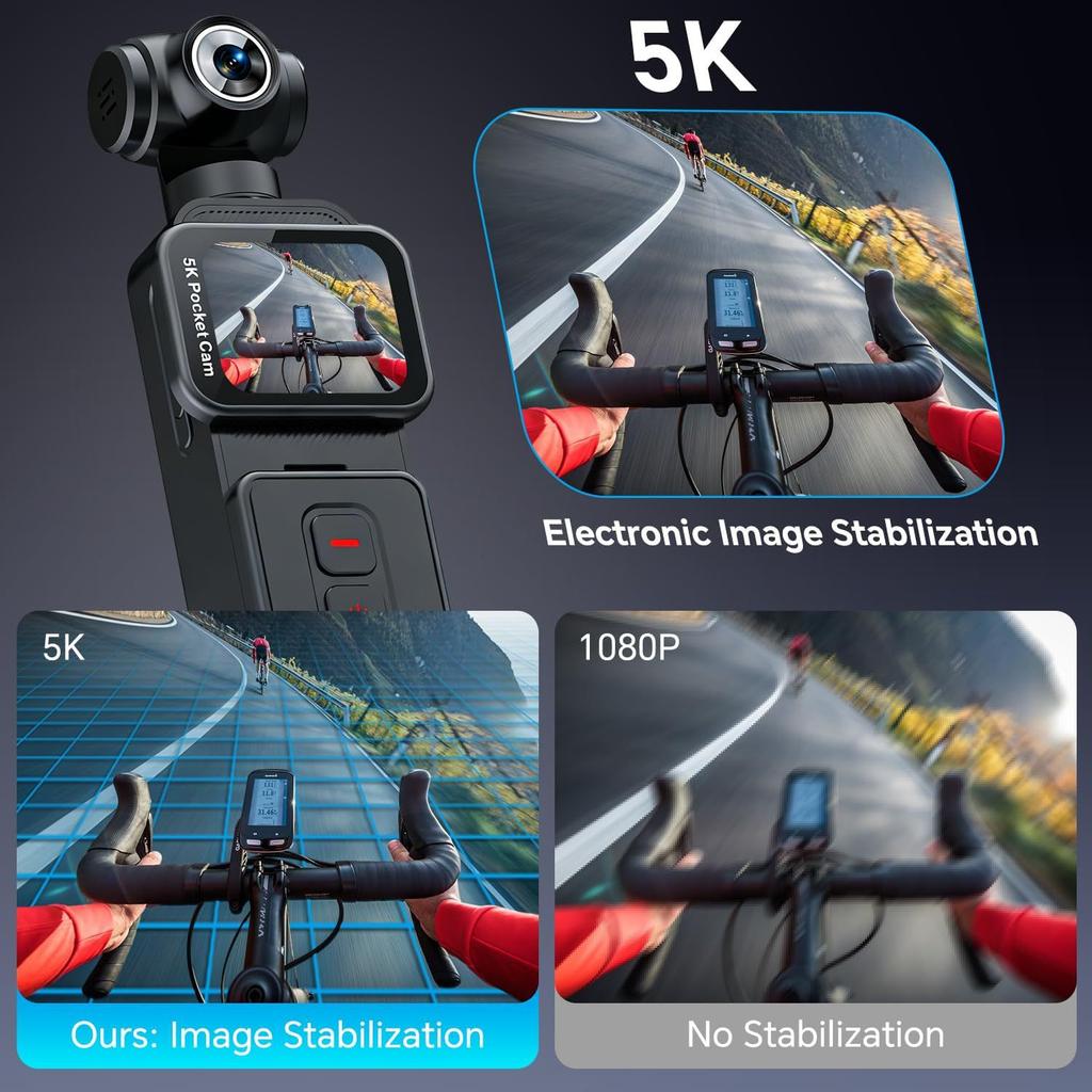 5K Pocket Action Camera with 6-Axis Gimbal Stabilizer, 270° Rotatable Motorized Lens, Face Tracking, WiFi APP Control, 1.69" Touch Screen