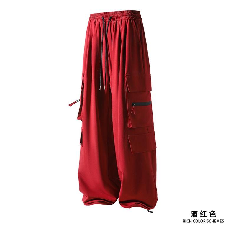 High Quality Ice Silk Waterproof Zipper Multi Pockets Casual Pants Men Solid Straight Elastic Waist Trousers Loose Cargo Pants