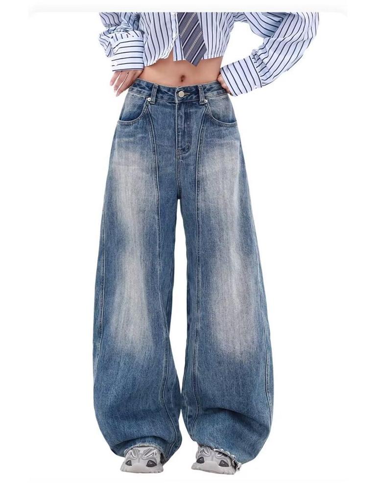 Women's Retro Blue High Waist Wide Leg Jeans - Spring Straight Floor-Length Trousers