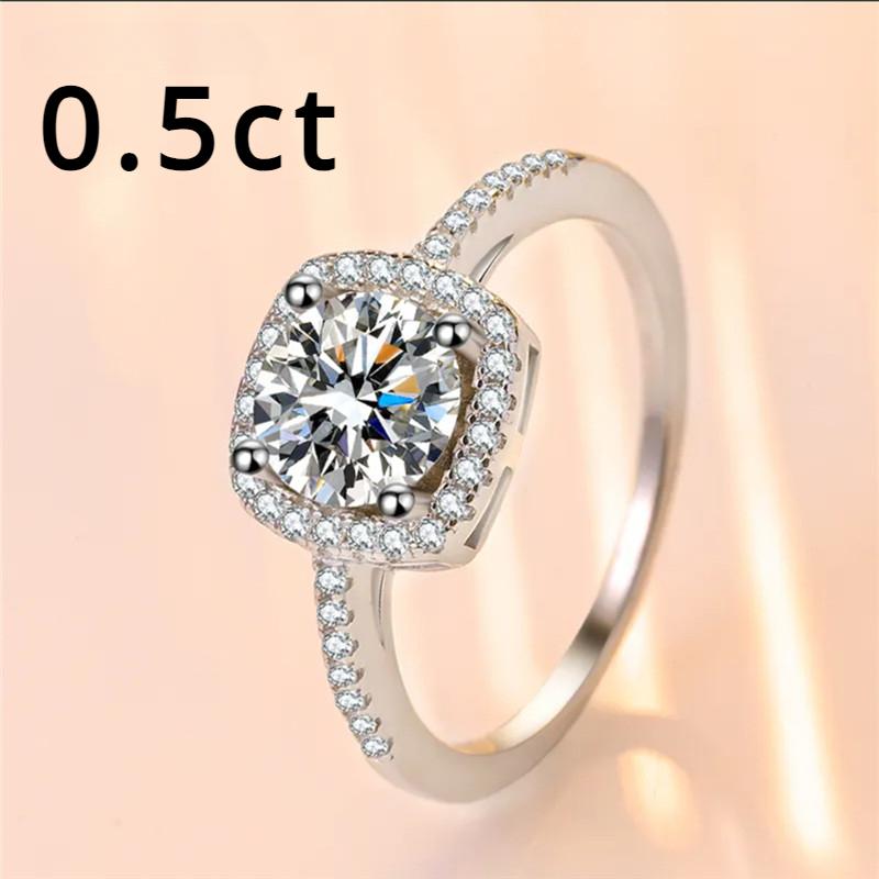 Silver 925 Platinum Plated 1-3 Carat Mozanstone 4 Claw Square Bag Birthday Ring Classic High Wedding Party Jewelry Woman Gift