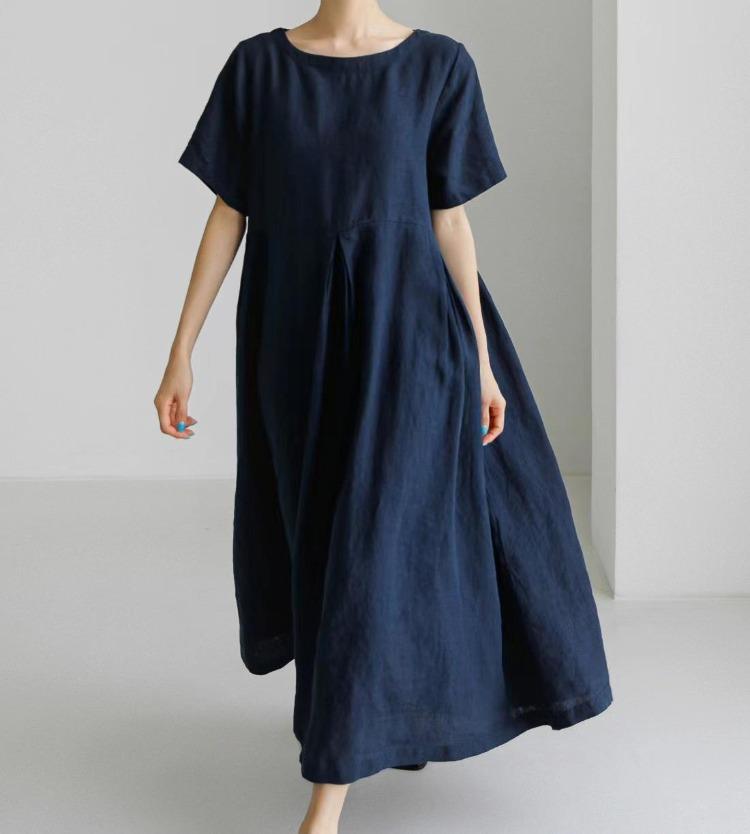 Vestito Oversize Stile Giapponese Coreano Cotone Lino Pullover Girocollo Monocolore Lunghezza al Ginocchio Gonna Svasata