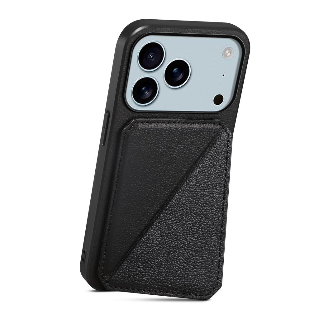 For iPhone 17 Pro Max Case Card Holder Kickstand Calf Textured Leather+PC+TPU Phone Cover