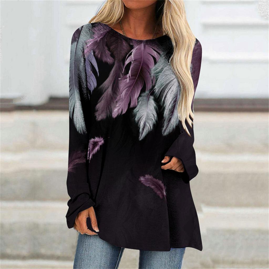 Fashion Womens Casual Loose Round Neck Long-sleeved Print T-shirt Tops