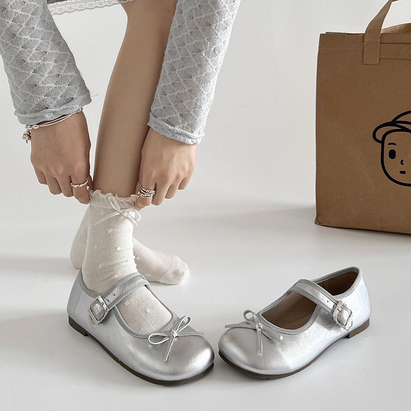 Silver French ballet style light mouth flat-soled single shoes women's 2025 new summer skirt bow Mary Jane shoes
