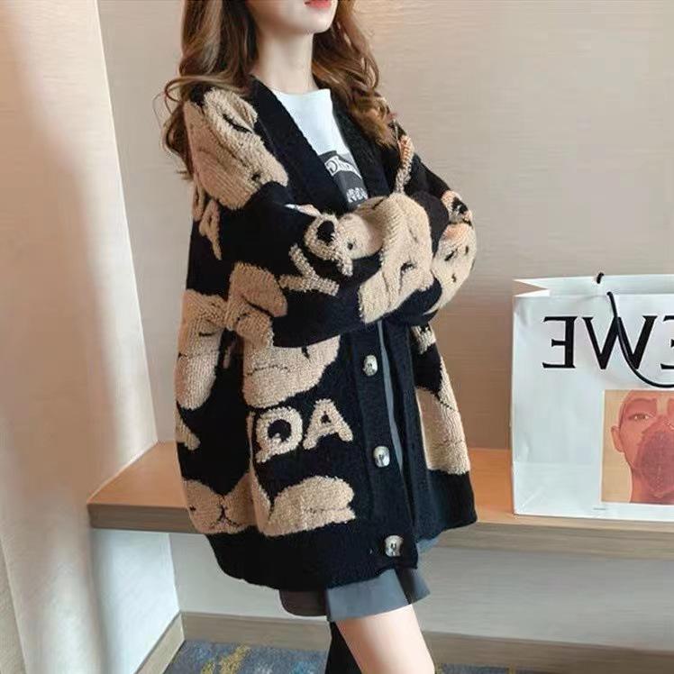 Cat Ning autumn Korean version knitted jacquard sweater women's jacket casual lazy wind loose bear cartoon cardigan long sleeves