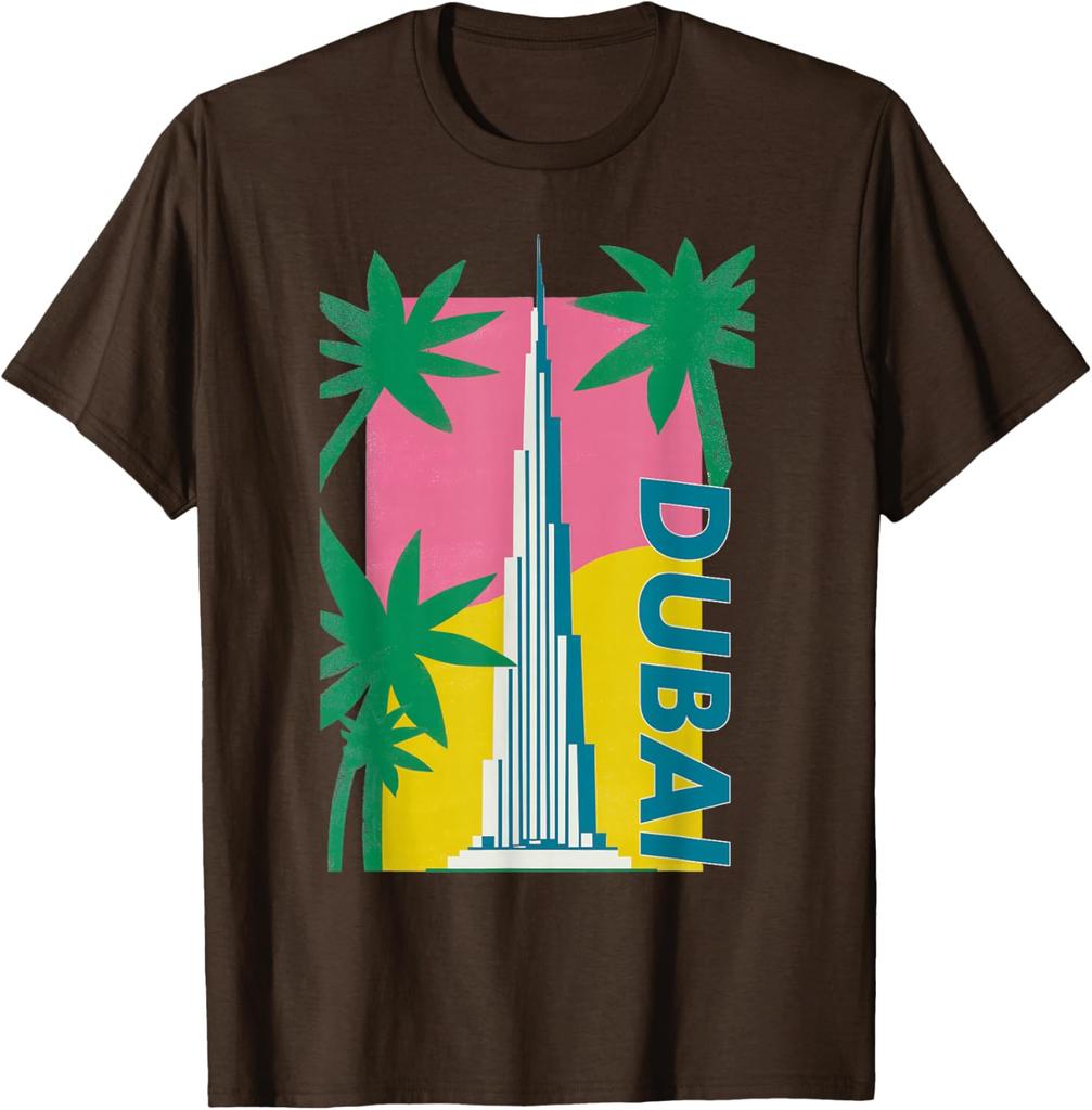 Dubai Burj Khalifa Palm Tree Retro Graphic Tee Men Casual Cotton TShirt