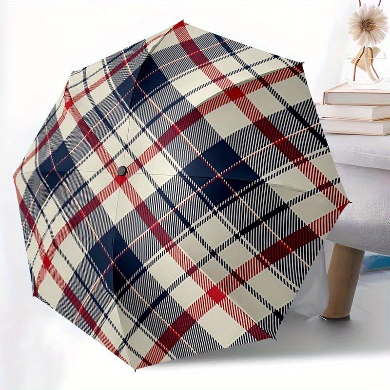 1 ks Automatický skládací deštník se vzorem Tartan - Přenosný skládací design s 8 žebry, Odolný plastový a železný rám, Neformální venkovní doplněk