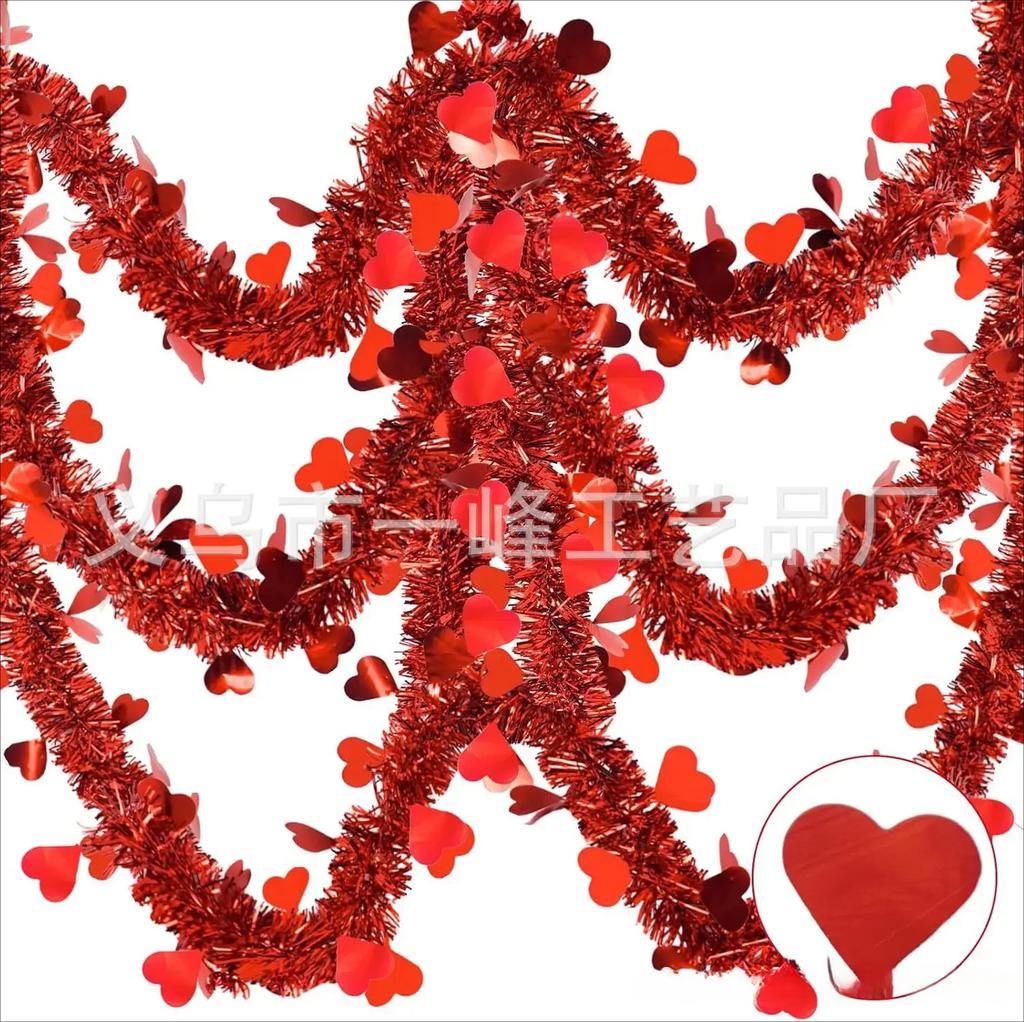 2M Valentines Heart Tinsel Garland Decorations Valentines Day Red Pink Metallic Garland for Wedding Birthday Hanging Decor