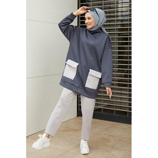 Costume islamice pentru femei, cu buzunar supradimensionat, cu talie elastică, hijab, costum casual și confort