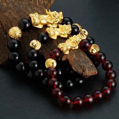 Sand Gold Pixiu Bracelet for Men and Women Chinese Style Black Stone Wine Red Imitation Gold Pixiu Bracelet Beads Jewelry Accessories