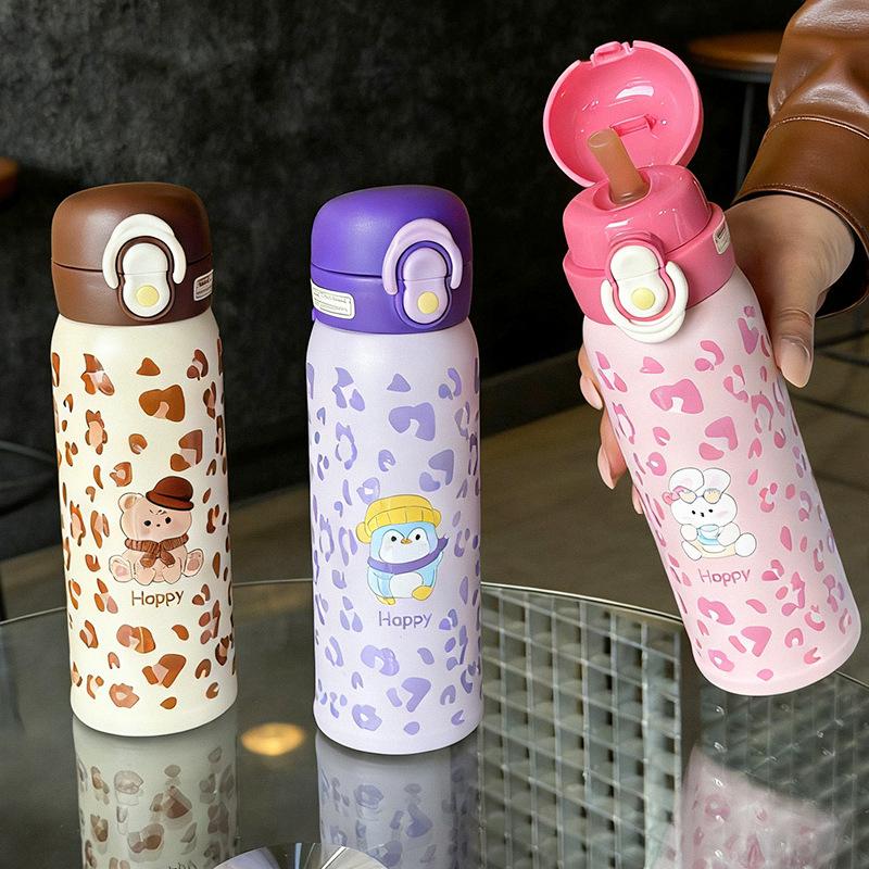 Water Bottle1011 Leopard Print Cute Children's Cup Gourd Cup New Thermos Cup Girls Water Cup Portable Straw Cup