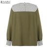 ZANZEA Women Casual Round Neck Plaid Print Patchwork Long Sleeve Blouse