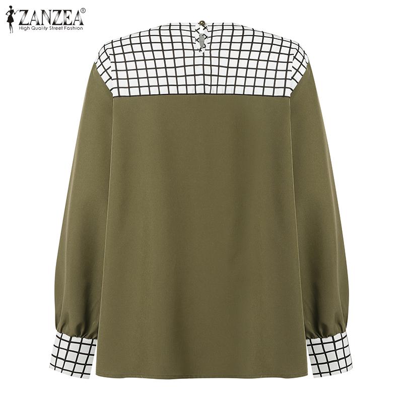 ZANZEA Women Casual Round Neck Plaid Print Patchwork Long Sleeve Blouse