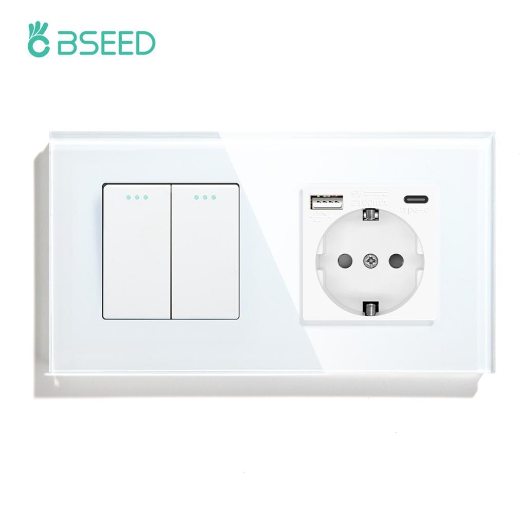 BSEED 1/2/3-fach Mechanische Taster Wandschalter Ein Aus Glas Stromschalter 2,1A Typ-C USB-Steckdose EU-Standard 1-Weg