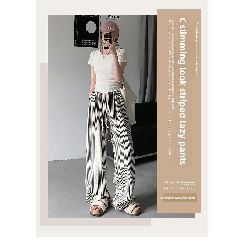 Striped Wide-leg Pants for Women, Summer Korean Style New Casual Pants, Casual and Slimming, Elastic Waist, Loose and Draping, Floor-length