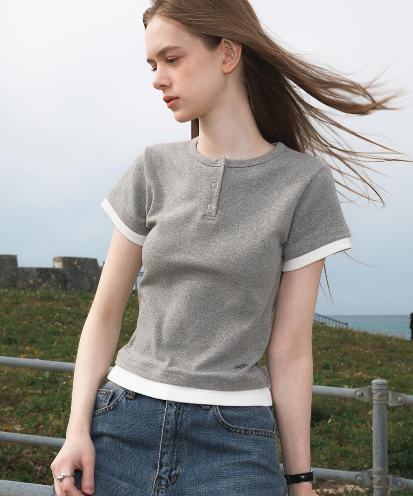 DEHEVE Layered Eyelet T-Shirt [Gray]