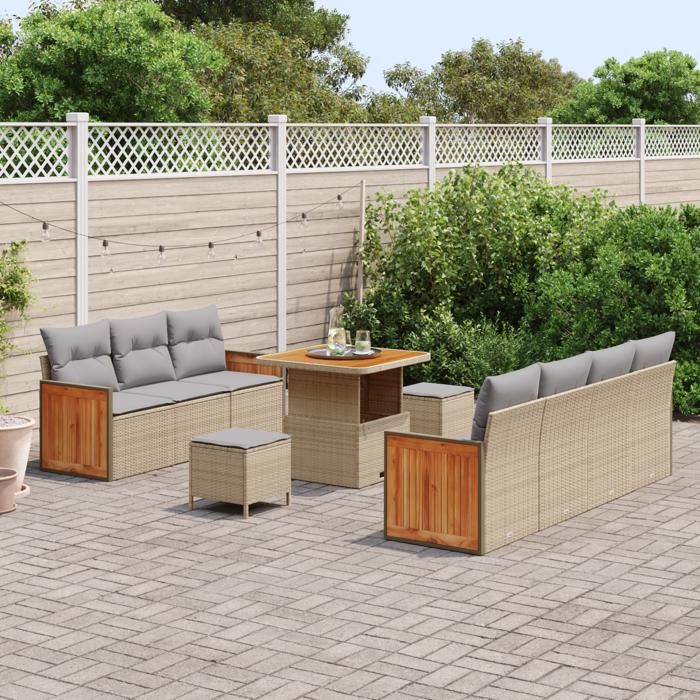 Ensemble de Canapés de Jardin vidaXL de 10 Pièces avec Coussins Beige Rattan Poly Acacia 3363267