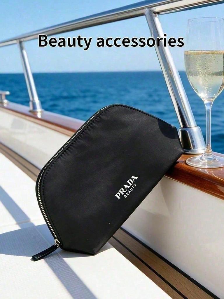 Prada Black Nylon Shell Makeup Bag, Women Portable Zipper Cosmetic Pouch Travel Wash Organizer Bag