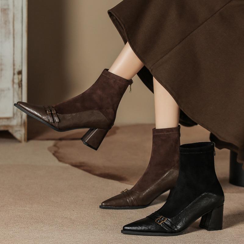 Autumn and Winter New Retro Short Boots Women's Thick Heel Pointed Splicing Medium Boots Chelsea Buckle Boots Elastic Boots