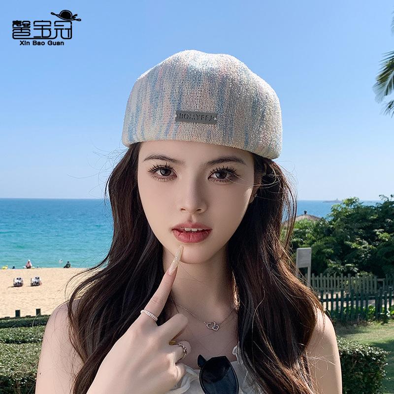 Summer Hat Female Retro Striped Painter Hat Showing Face Small Fashion Versatile Forward Hat High Sense Duck Tongue Beret