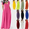 QICED Fashion Summer Spring Solid Color Print Short Sleeve U-Neck Casual Dresses