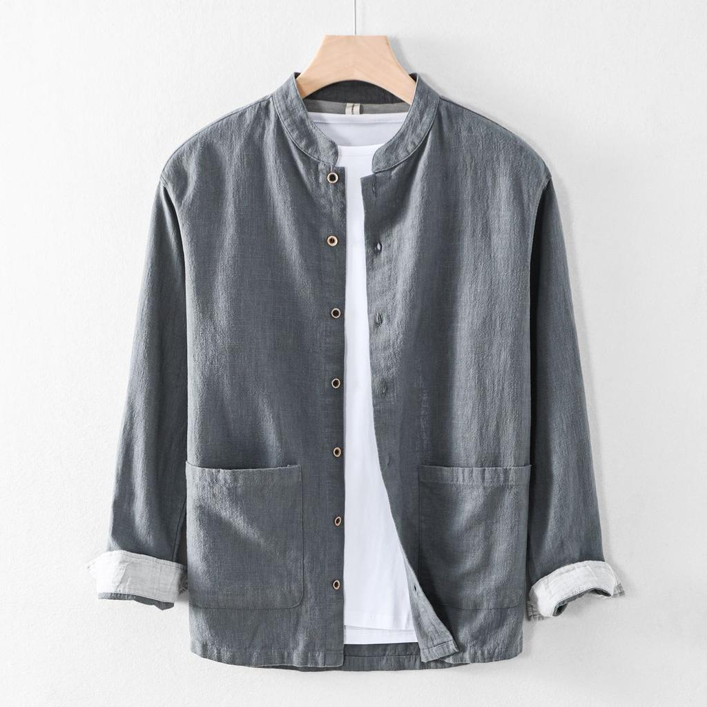 Camicia da uomo in lino e cotone con protezione solare, a maniche lunghe, tinta unita, stile casual cinese, con colletto alto