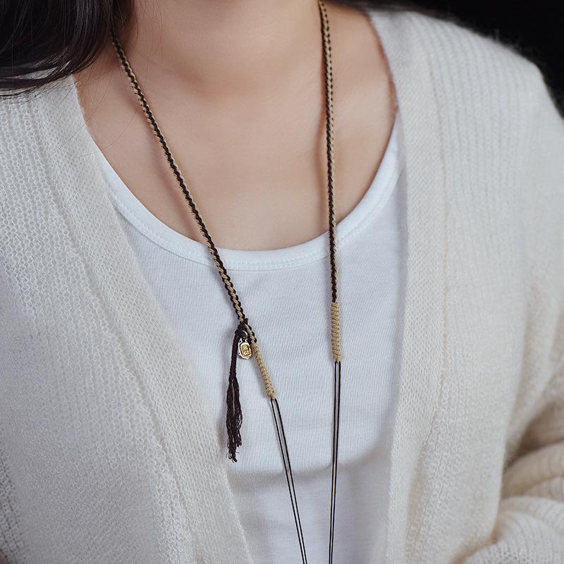 Handmade Tibetan Braided Necklace with Amber Amulet & Hetian Jade Pendant