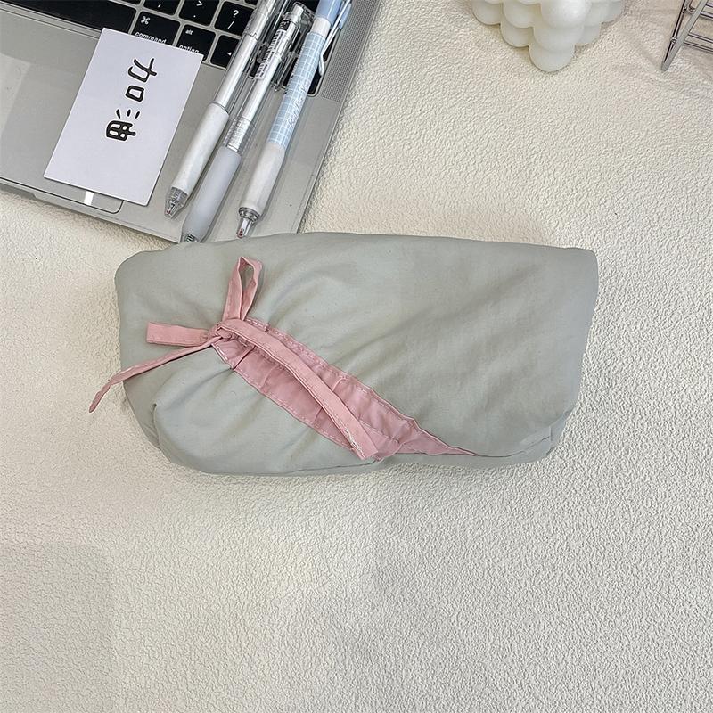 Ins Style Simple Fabric Pencil Case Bowknot Makeup Bag Large Capacity Storage Bag Stationery Pouch School Supplies Girls Gift