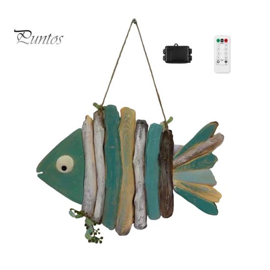 Seaside Style Wall Decorations Lighted Wooden Fish Hanging Decor, Rustic Nautical Fishing Wood Sculpture with LED Lights, Coastal Home Beach