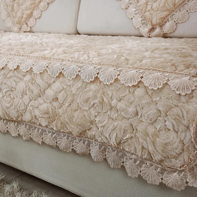 Modern Plush Sofa Cushions Winter Lace Flannel Sofa Cover Four Seasons Solid Color Non-slip Sofa Cover For1/2/3 Seat Sofas Decor