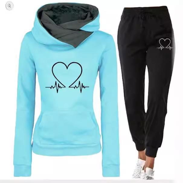 Women's Heartbeat Print Hoodie & Sweatshirt Set - Casual Sportswear for Spring & Autumn