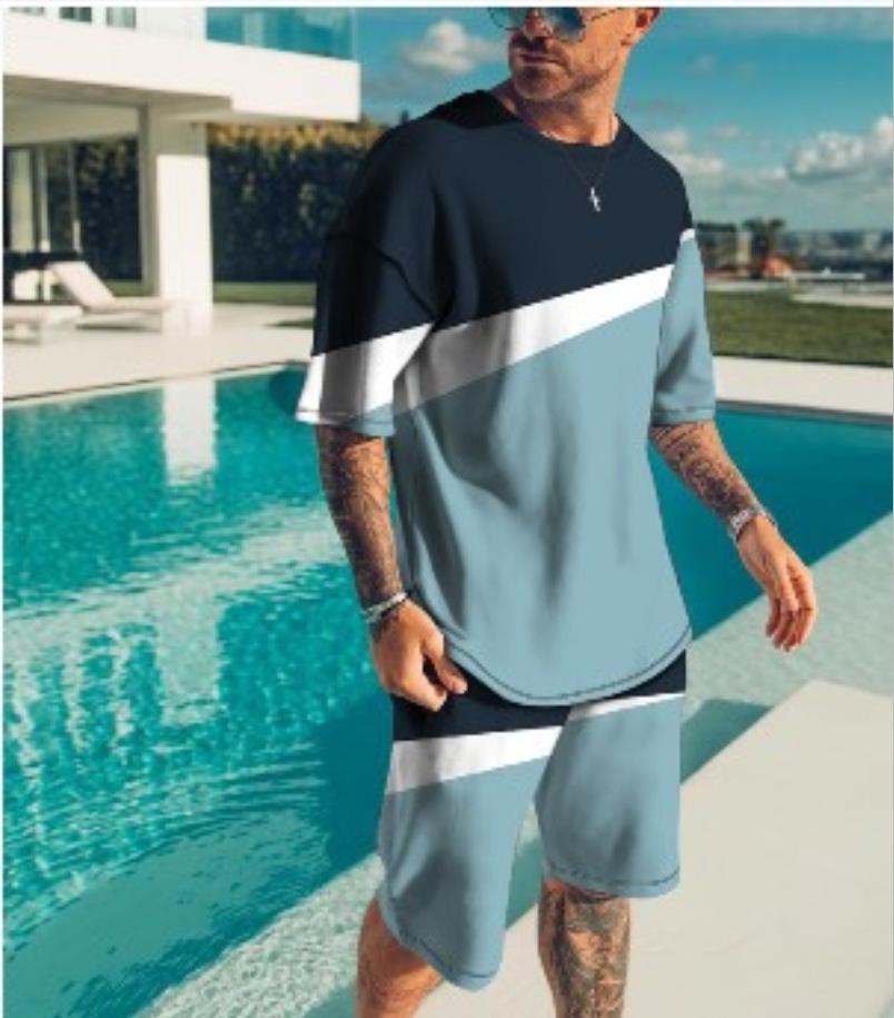 Independent Station New European and American Summer Men's Trend Casual Beach Style Texture 3D Digital Printing T-Shirt Shorts Set