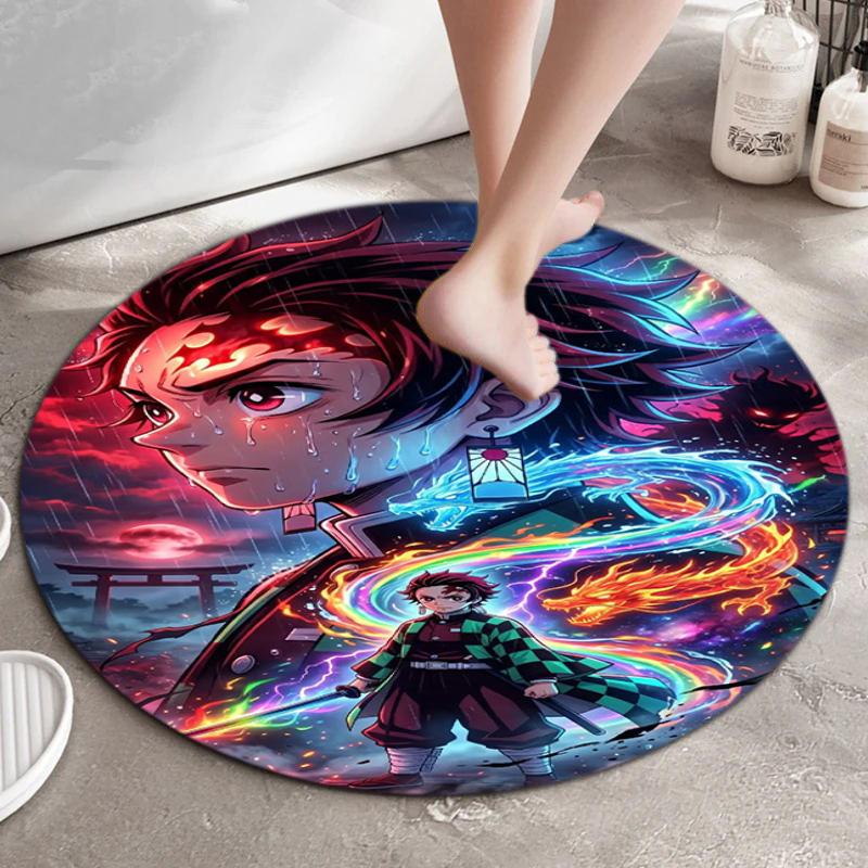 Classic Japanese-style Cartoon Demon Slayer Round Rug, Home Soft Decorative Anti-slip Yoga Mat and Chair Mat, Outdoor Floor Mat Carpet K27