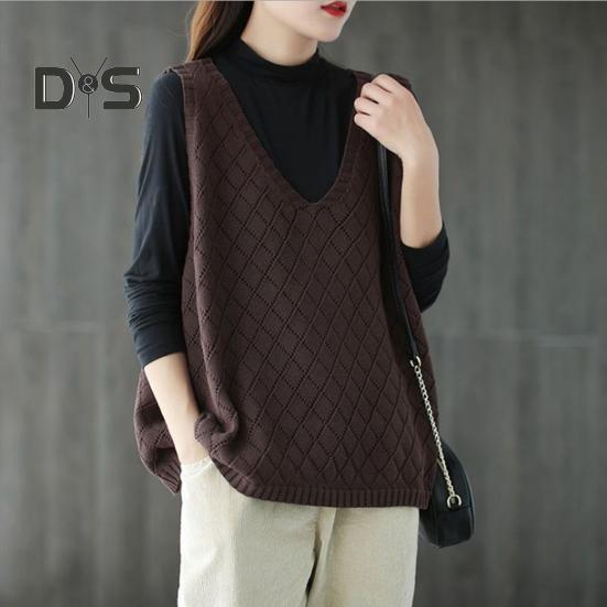 Πλεκτό πουλόβερ γυναικείο γιλέκο άνοιξη φθινοπώρου Ρετρό V λαιμόκοψη Φαρδύ αμάνικο μονόχρωμο πουλόβερ με κούφια υφή ρόμβου καθημερινά μπλουζάκι