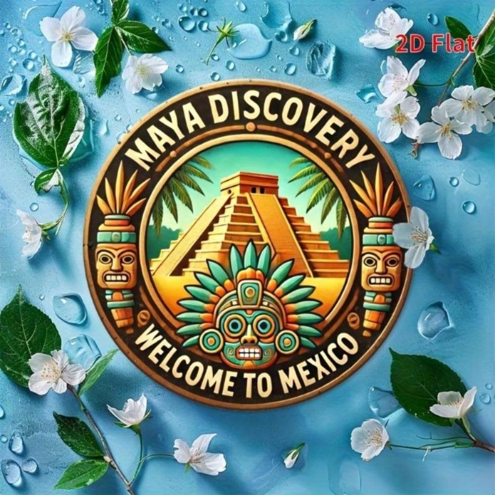 Mexico Inspired Aluminum Wall Art Round 8x8 Inch 2D Flat Home Decor Sign 1 Piece Featuring Mayan Pyramid and Tribal Mask Vintage Finish