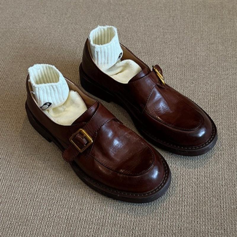 Fashion Hot Sale Women's Cow Leather Metal Buckle Round Toe Slip On Flat Shoes High Quality Soft Comfortable Loafers Casual Daily Famale