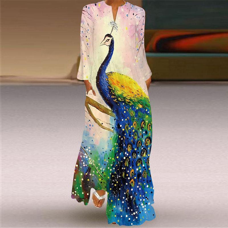 Long Sleeve Dress Classical Beauty Pattern Print Dress Stage Show Performance Wear Travel Photography Clothes