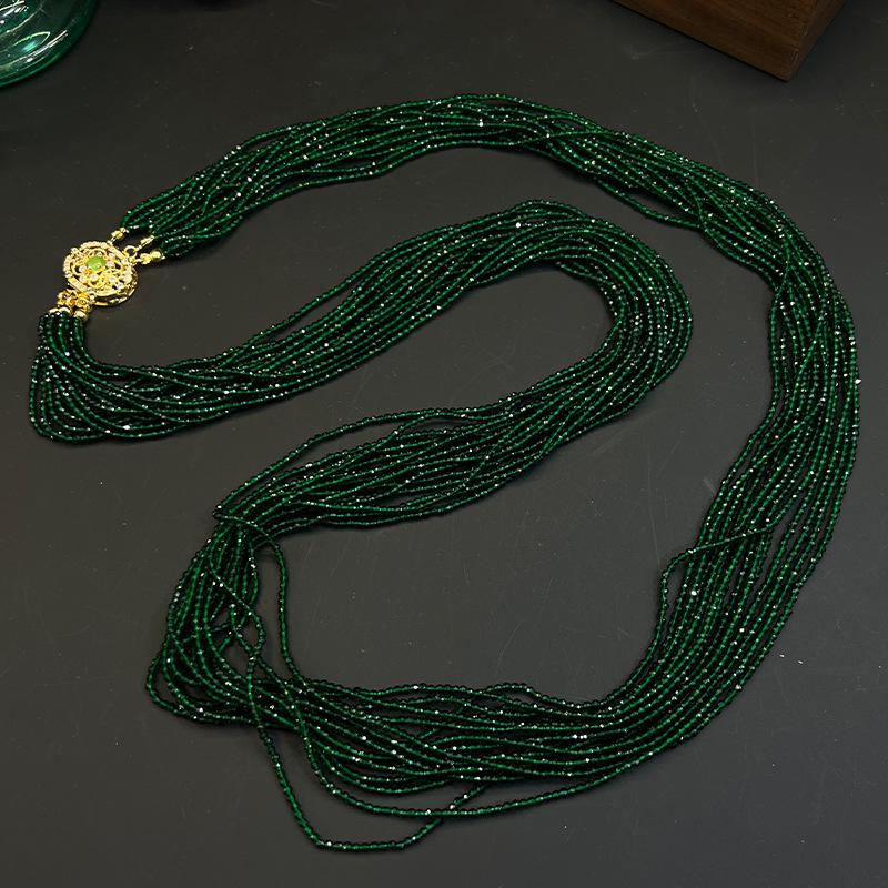 Green Baby's Breath Crystal & Rice Bead Long Necklace - Trendy Dual-Use Sweater Chain for Women