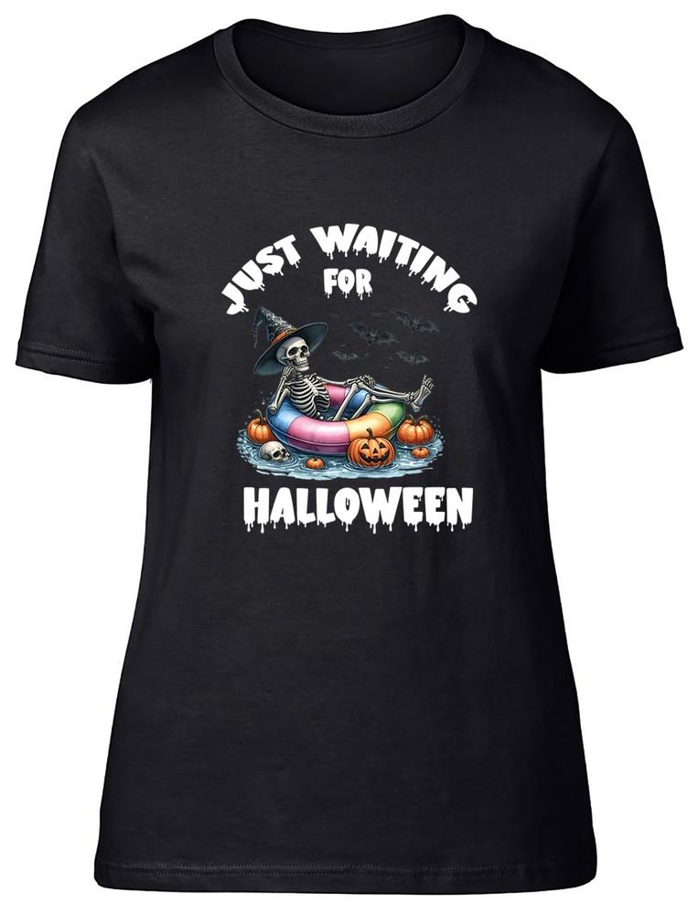Just waiting for Halloween Womens T-Shirt Skeleton Ladies Gift Tee