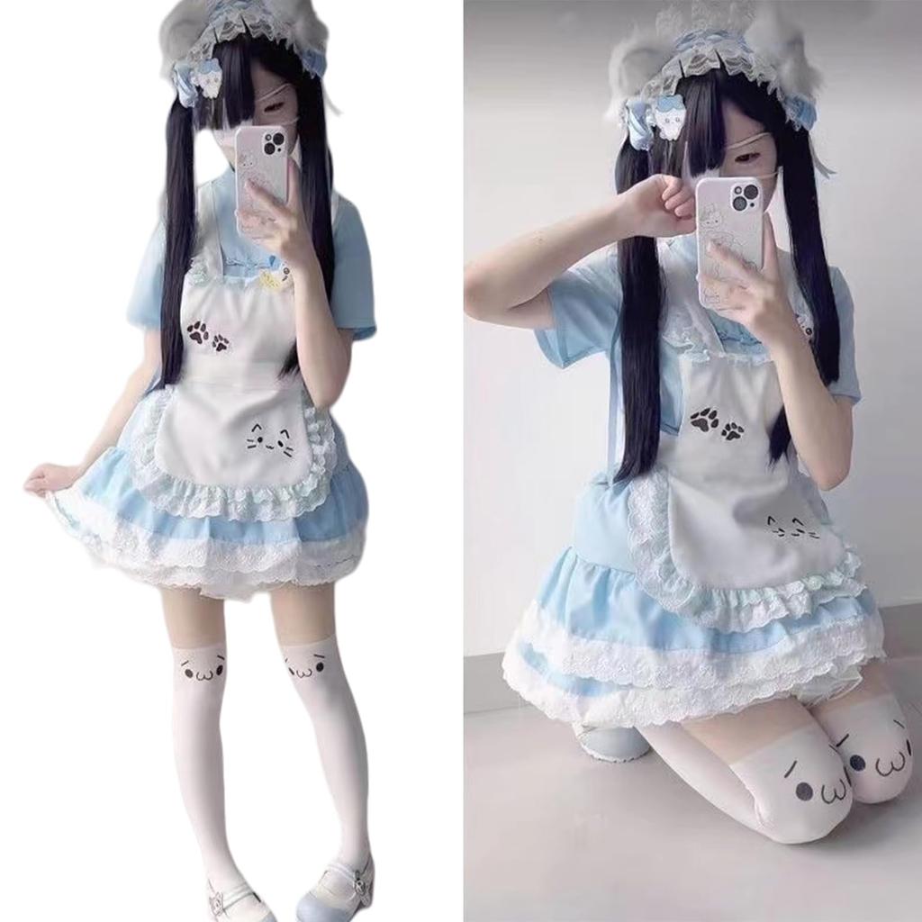 QOOLY Cosplay Maid Dress, Lolita Costume, Short Sleeves, Uniform, Light Blue, Size L