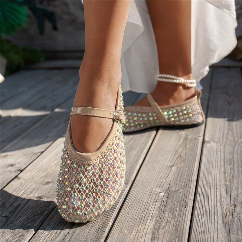 Women's Fashion Flat Shoes, Summer New Mesh Rhinestone Mary Jane Shoes, One Buckle Casual Flats
