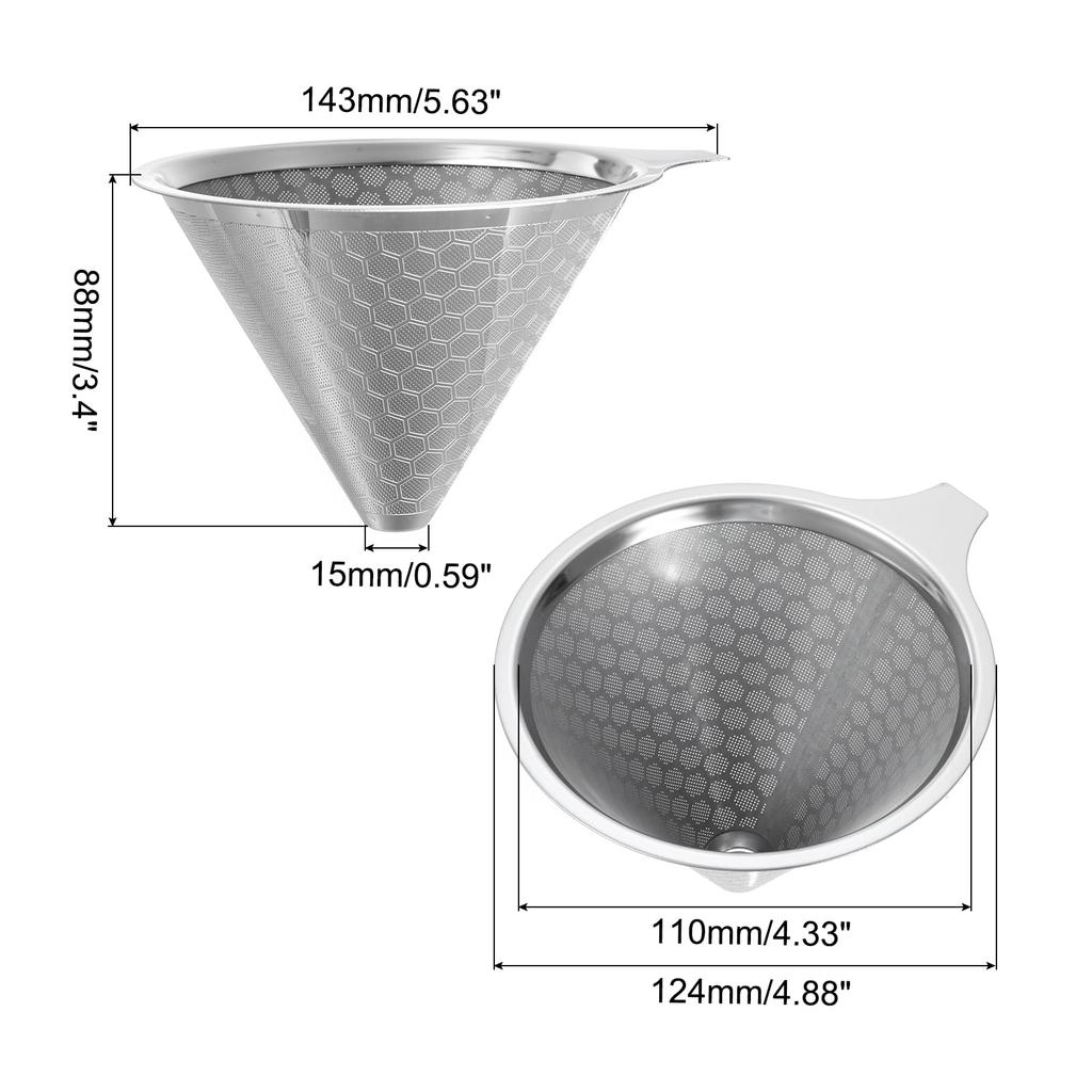 Uxcell Pour-Over Coffee Dripper, 600 Mesh, 124mm Diameter Cone, Reusable Stainless Steel Coffee Filter Maker, 3-4 Cups