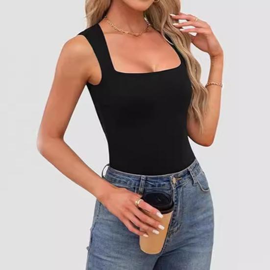 Women Summer Vest Square Collar Wide Shoulder Strap Sleeveless Tank Tops Solid Color Slim Fit Ribbed Camisole