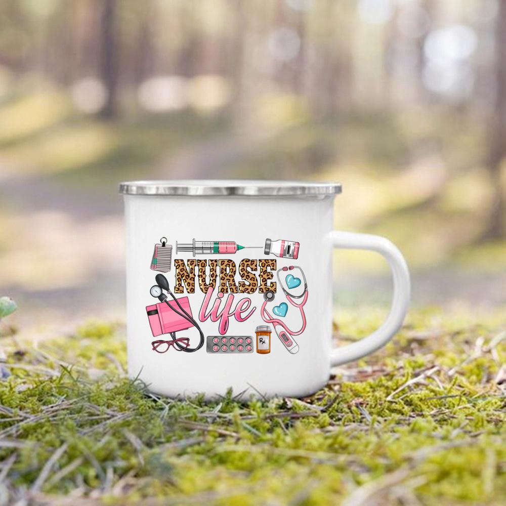 Nurse Life Print Mugs Enamel Mugs Creative Coffee Cups Drinks Dessert Breakfast Milk Cup Handle Drinkware Best Gifts for Nurse