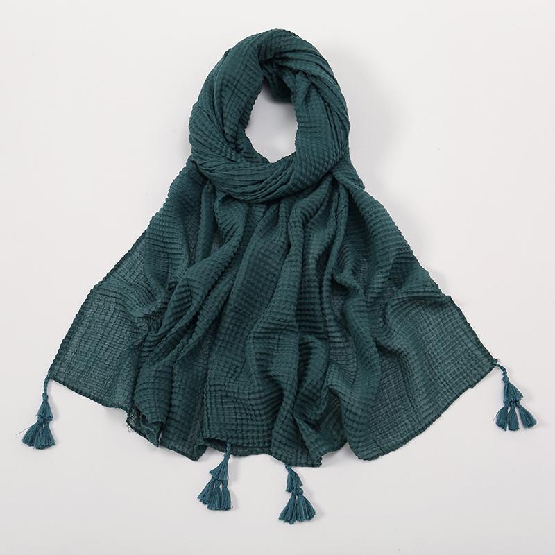 Crinkle Pleated Cotton Hijabs With Tassels Muslim Long Shawls Soft Headscarf Wraps Foulard Islam Turban Headband Solid Bandana