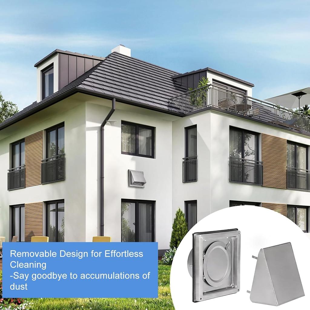 Stainless Steel 4 inch Dryer Vent Cover with Removable Cover, Square Wall Vent Waterproof Wall Extractor Grill Air Vent Cover for Indoor or Outdoor